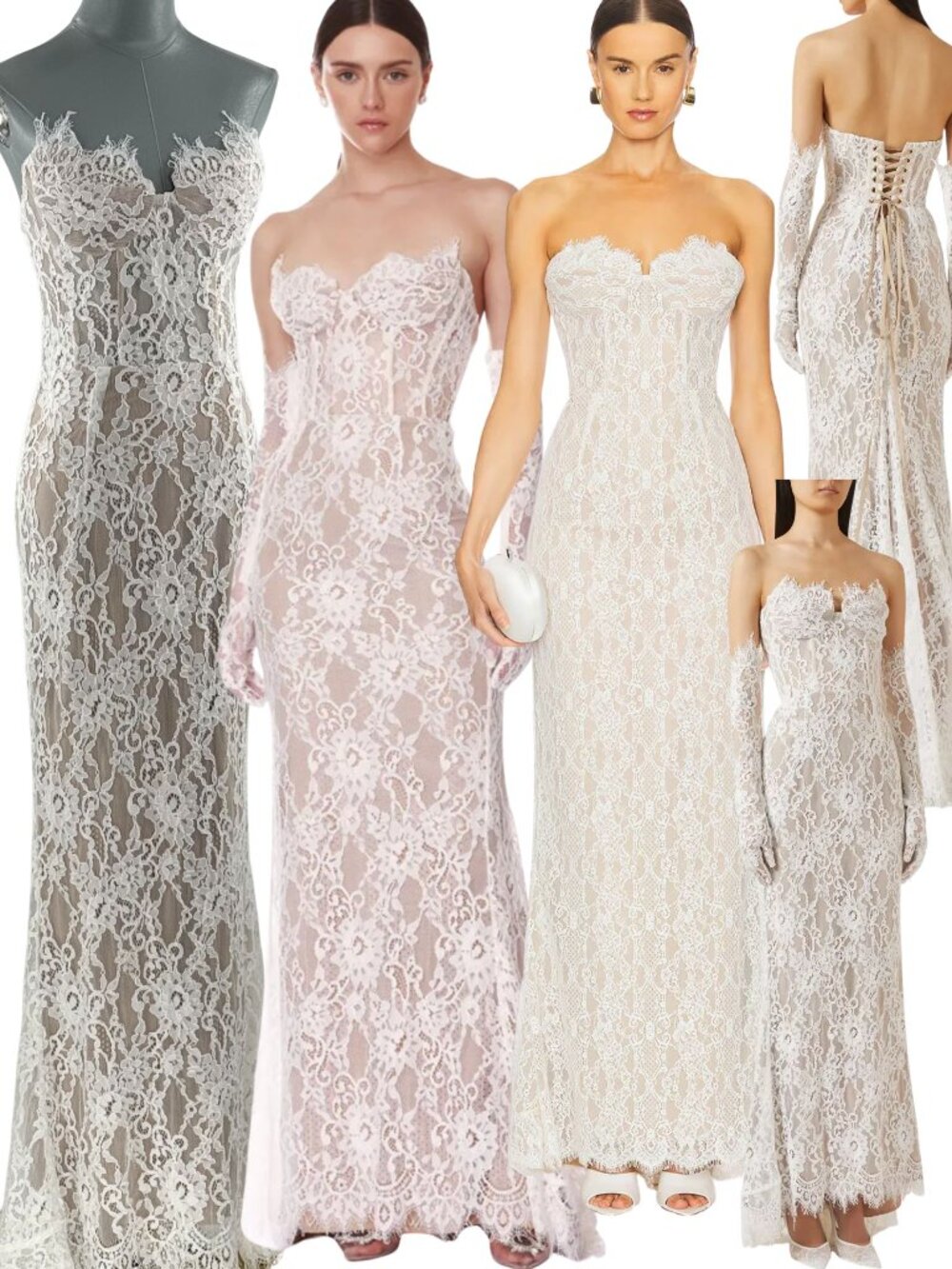 🆕 BRONX & BANCO 🧿 NWOT Kiera White Lace Bridal Gown with Gloves - Sz S US 4